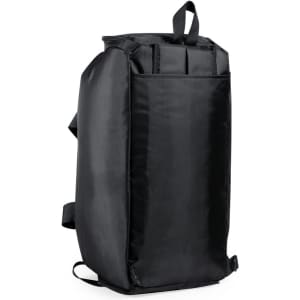 A black backpack bag featuring a sleek design and a logo, ideal for carrying various items.