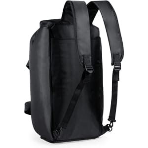 A black backpack with adjustable straps and a simple, sleek design. It features a logo on the surface.