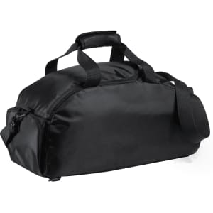 A black backpack bag with multiple straps and a logo, featuring a sleek design and zippered compartments.