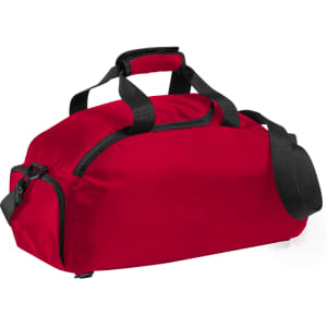 A red backpack bag with black straps, featuring a zippered compartment and top handles for carrying.
