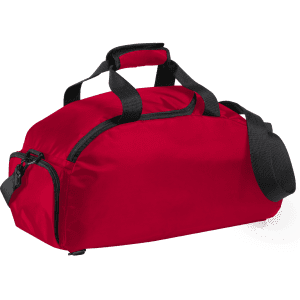 A red backpack bag with black accents and handles, featuring a zippered compartment and an adjustable strap.
