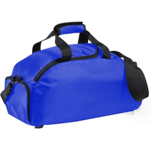 A blue backpack bag features a zip closure, dual handles, and a detachable shoulder strap. It has a logo on the side.