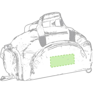 A grey backpack bag with dual handles and a side pocket. It features a blank area for branding or labels.