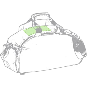 A grey backpack bag with green detailing, featuring straps and a handle, alongside a logo.