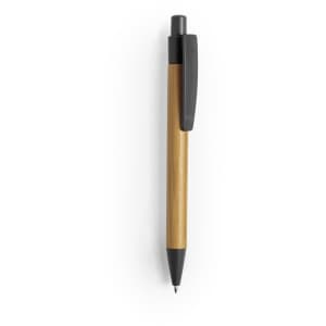 A wooden pen in a natural finish with a black clip and tip, featuring a sleek design and branding.