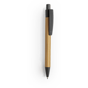 A wooden pen featuring a natural wood finish and a black plastic clip and tip. It has a sleek, modern design.
