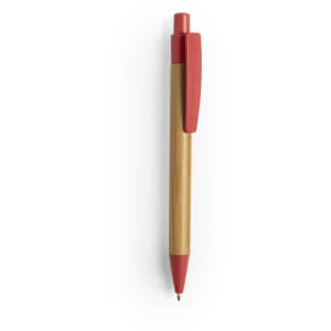 A wooden pen with a red clip and tip, featuring a sleek design and a logo on the barrel.
