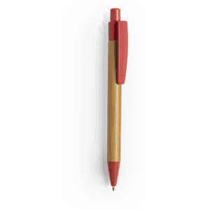 A wooden pen with a natural wood finish and a red plastic top and clip, featuring a logo.