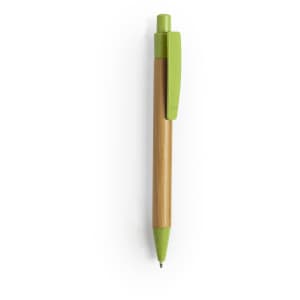 A wooden pen with a bamboo body and vibrant green accents, featuring a clip and a rounded tip.