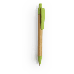 A wooden pen featuring a green cap and tip, showcasing a sleek and eco-friendly design.
