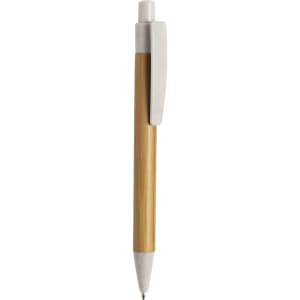 A wooden pen with a bamboo shaft and a white plastic clip, featuring a logo on the side.