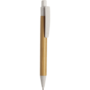 A wooden pen with a natural bamboo barrel and a white plastic clip and tip. It features a logo on the body.