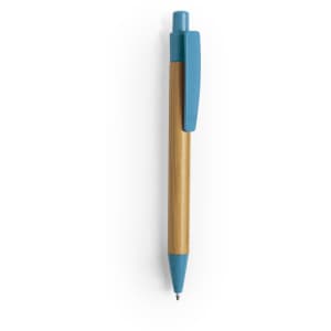 A wooden pen with a natural bamboo body and a blue plastic tip and clip, featuring a logo.