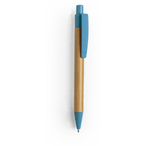 A wooden pen with a natural finish, featuring a blue clip and a blue tip. It has a simple branding logo.