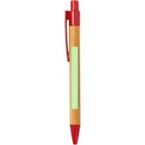 A wooden pen with a red tip and clip, featuring a blank green section for customisation.