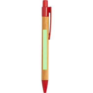 A wooden pen featuring a bamboo body and a red clip and tip, with an empty green label space.