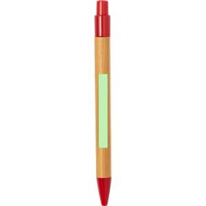 A wooden pen with a bamboo body and red accents, featuring a smooth surface and a logo.