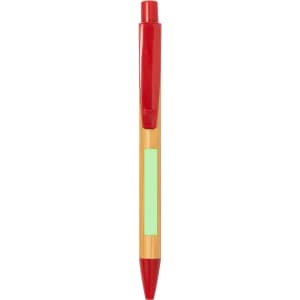 A wooden pen featuring a natural bamboo body with a red clip and top. It includes a branding logo.
