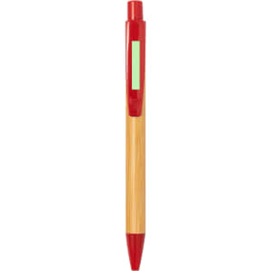 A wooden pen featuring a red clip and tip, showcasing a sleek, natural bamboo body.