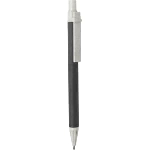 A black pen with a white cap and clip, featuring a plain body design and a branding logo.