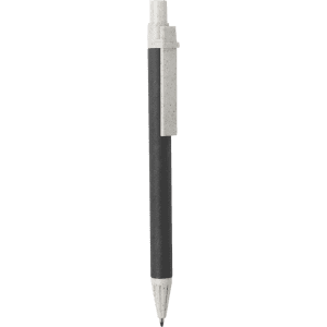 A black pen with a silver clip and a textured grip, featuring a logo on the clip.