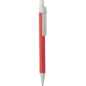A red pen with a grey clip and barrel, featuring a logo. The design is simple and sleek.