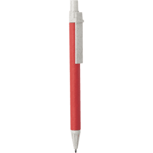 A red pen with a grey clip and tip. The pen features a smooth, streamlined design and includes a logo.