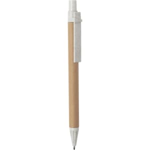 A writing pen with a natural brown body and a white clip, featuring a logo on the clip.