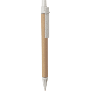A pen with a brown barrel and a grey clip, featuring a minimalist design and a branding logo.