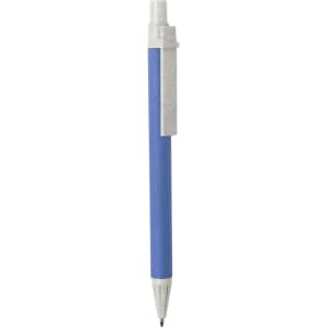 A blue pen with a grey barrel and a clip, featuring a logo on the side.