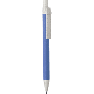 A blue pen with a light grey clip and tip, featuring a logo on the barrel.
