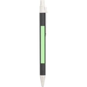 A pen with a black body and a green accent, featuring a clip and a silver tip. It has a logo.
