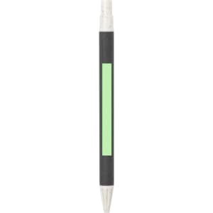 A black pen with a clear top and a green section, featuring a logo on the body.