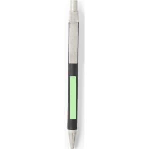 A black and grey pen with a green section and a logo. It features a retractable design.