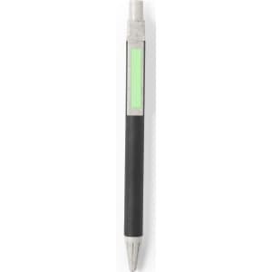 A black pen with a silver tip and a green accent. It features a logo on the body.