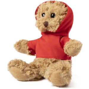 A plush teddy bear in a red hoodie, featuring a soft, fluffy texture and brown fur. It has a small, friendly face.