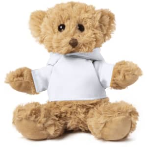 A plush teddy bear with a soft, brown fur body and a white hoodie, featuring black button-like eyes.