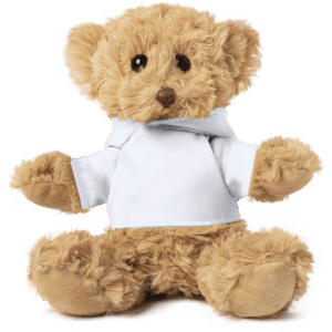 A plush teddy bear with a light brown fur coat, wearing a white shirt, featuring a cute face and soft paws.