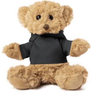A plush teddy bear in brown with a black hoodie, featuring soft fur and a friendly expression.