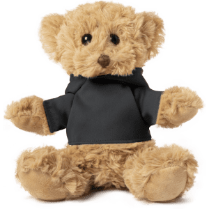A plush teddy bear with light brown fur, wearing a black hoodie, sitting with arms outstretched.