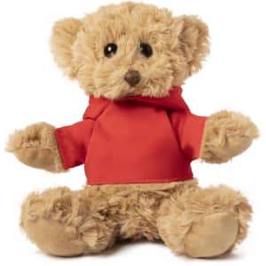 A plush teddy bear with a tan body and a red hoodie, sitting in a relaxed position. It has soft, fuzzy fur and button eyes.