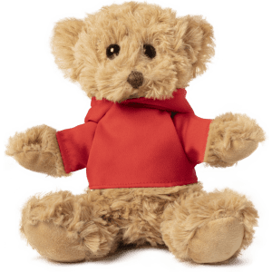 A plush teddy bear with a light brown fur and a red hoodie, featuring soft, friendly facial features.