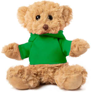 A plush teddy bear with tan fur, wearing a green hoodie and featuring brown eyes and a stitched mouth.
