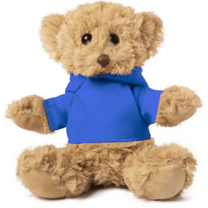 A plush teddy bear with a soft beige body and a blue shirt, featuring round black eyes and a friendly expression.