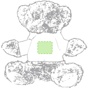 A plush teddy bear in grey with a blank white t-shirt, featuring a green outline on the front.