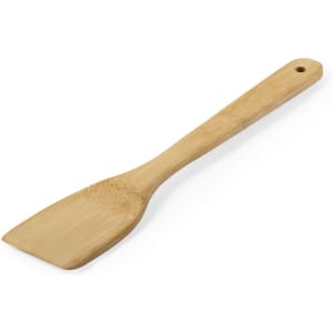 A bamboo spatula with a flat head and wooden handle, featuring a hole for hanging.