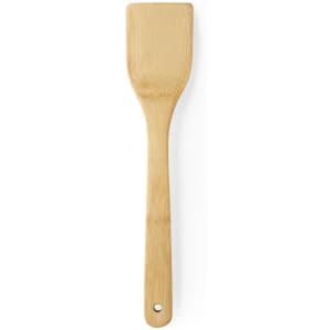 A bamboo spatula with a flat, wide head and a long handle, featuring a hole for hanging.