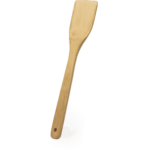A bamboo spatula with a flat head and a long handle, featuring a hole for hanging.
