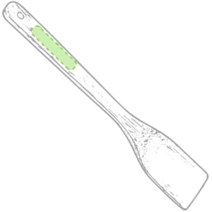 A wooden spatula with a green silicone grip, designed for cooking and serving. Features a logo on the handle.