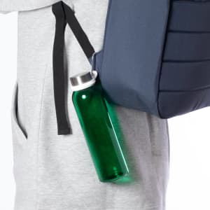 A green drink bottle secured to a navy backpack, featuring a sleek design and a metallic cap.